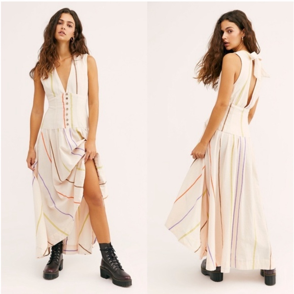 Free People Gia Maxi Dress Size Med Rainbow Stripe Endless Summer Linen Blend